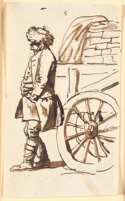 Un campesino con sombrero de ala ancha, de pie junto a un vehículo de Nicolai Abildgaard