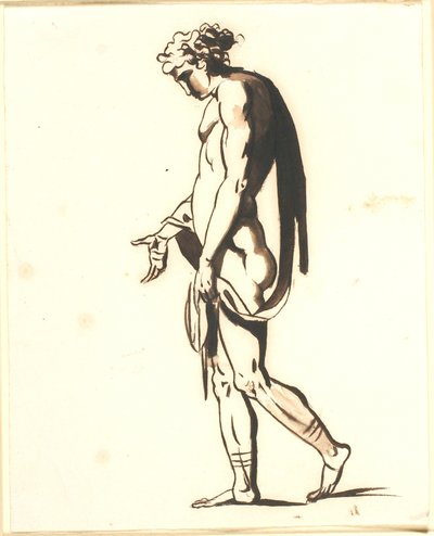 Un hombre desnudo caminando en perfil hacia la izquierda, con la mano derecha extendida de Nicolai Abildgaard