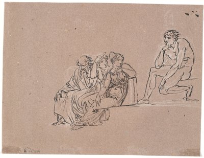 Un grupo compuesto por un anciano y dos mujeres sentadas, que se vuelven hacia un hombre sentado más arriba de Nicolai Abildgaard