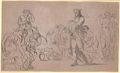 Una figura masculina coronada muestra sus genitales en medio de una multitud de mujeres sentadas y de pie de Nicolai Abildgaard