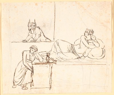 Una mujer acostada con un bebé en una cama, ve un monstruo aparecer en la ventana. Al pie de la cama, una mujer dormida de Nicolai Abildgaard
