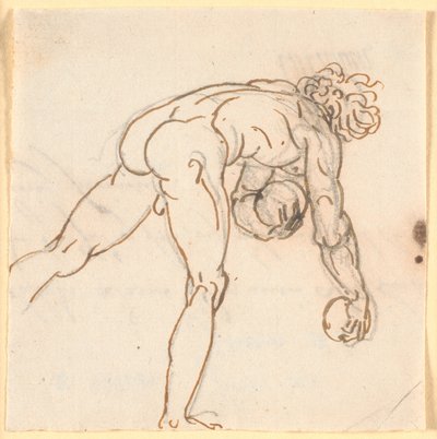 Un hombre desnudo corriendo (jugador de bolos?) con piedras en las manos, visto parcialmente desde atrás de Nicolai Abildgaard