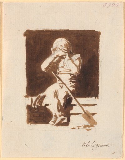Un niño pequeño llorando, sentado con una pala o un remo, en el borde de un bote (?) de Nicolai Abildgaard