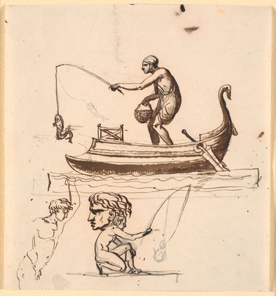Hombre en un bote levantando un pez con una cuerda. Debajo un boceto de un pescador, una cabeza y un hombre desnudo de Nicolai Abildgaard