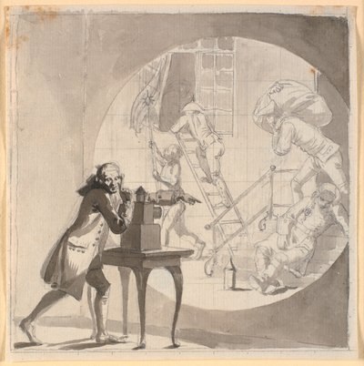 Un hombre con una linterna mágica muestra un robo que ocurre frente al guardia dormido de Nicolai Abildgaard