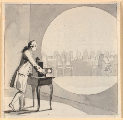 Un hombre con una linterna mágica muestra una imagen de la sala de consejo vacía de Nicolai Abildgaard