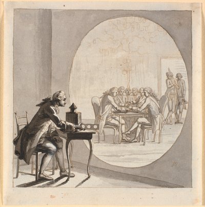 Un hombre con una linterna mágica muestra una imagen del consejero de estado de Nicolai Abildgaard