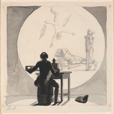 Un hombre con una linterna mágica muestra una imagen de la decadencia del comercio y la artesanía - el Mercurio cojo, el Vulcano dormido, etc. de Nicolai Abildgaard