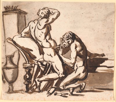 Un hombre desnudo circuncidando a otro hombre desnudo, o: ¿Urano siendo castrado por Cronos? de Nicolai Abildgaard