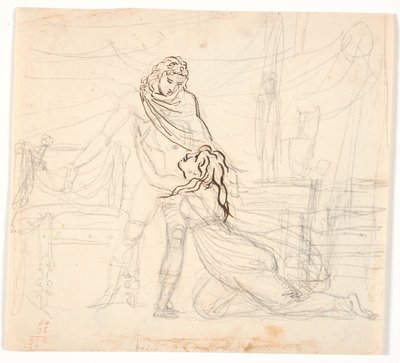 Una joven mujer, arrodillada, abrazando suplicante a un héroe desnudo de Nicolai Abildgaard
