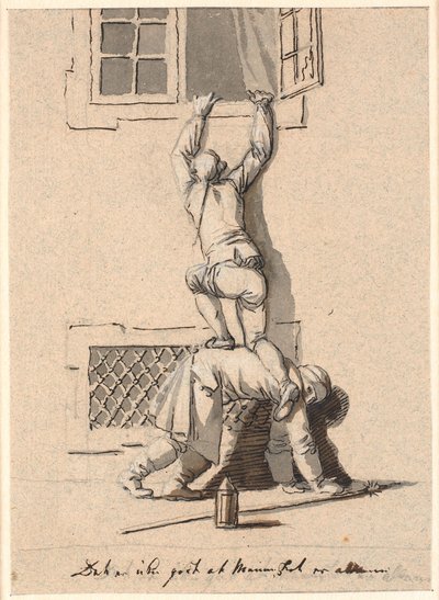 Un vigilante ayudando a un caballero a entrar por una ventana de Nicolai Abildgaard