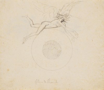 Un genio alado, flotando sobre un globo, indicado con un par de arcos de círculo de Nicolai Abildgaard