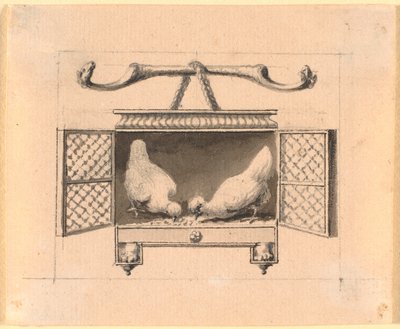Un par de gallinas en una jaula picoteando maíz de Nicolai Abildgaard