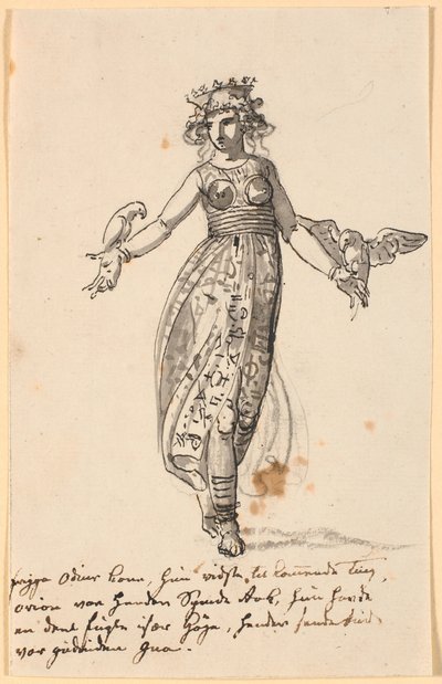 Frigga caminando con un par de halcones en los brazos extendidos. Y algunas líneas con notas del artista de Nicolai Abildgaard