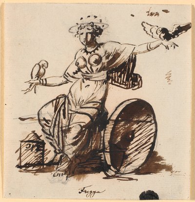 Frigga, sentada, con un halcón en cada mano de Nicolai Abildgaard
