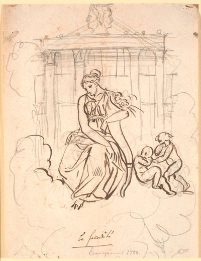 La diosa de la fertilidad, sentada frente al Templo de Jano con un par de niños jugando de Nicolai Abildgaard