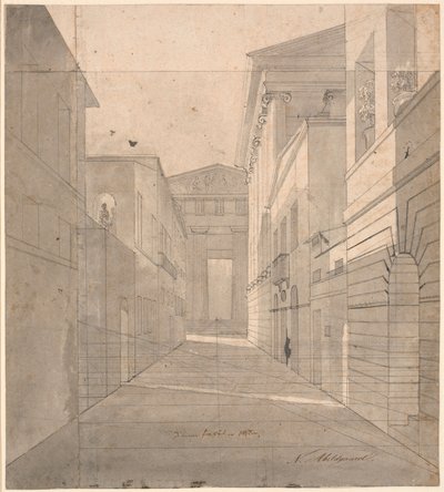 Calle en una ciudad antigua. Estudio de perspectiva para la pintura "Simo confía en Sosia" de Nicolai Abildgaard