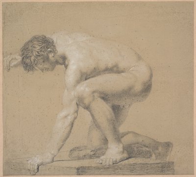 Modelo medio arrodillado. Rodilla derecha apoyada en almohada. Brazo derecho levantado detrás de la cabeza. Brazo izquierdo apoyado de Nicolai Abildgaard