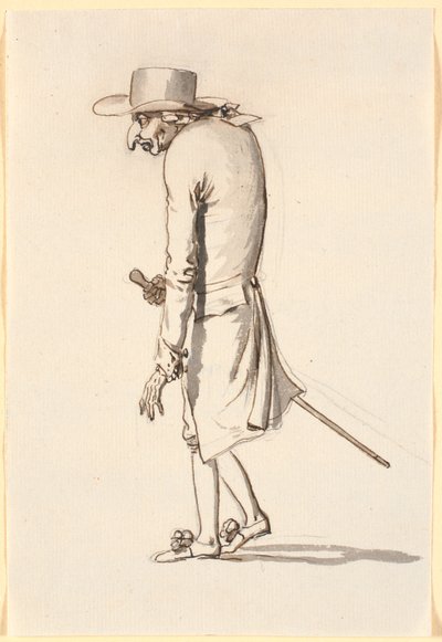 Caricatura de un hombre encorvado, caminando hacia la izquierda, con un bastón en la mano derecha de Nicolai Abildgaard