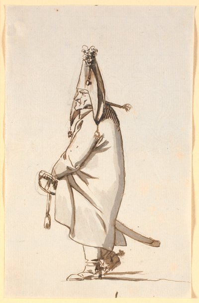 Caricatura de un militar en capa larga, montando su sable como caballo de palo de Nicolai Abildgaard