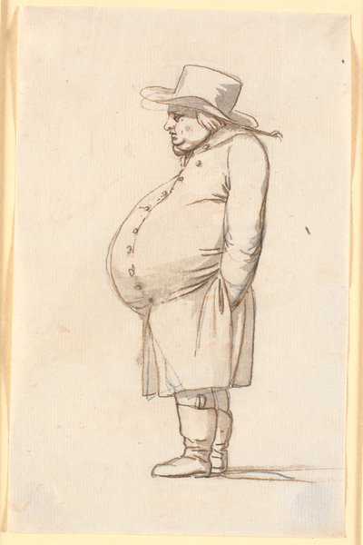Caricatura de un hombre barrigón, de pie en perfil hacia la izquierda de Nicolai Abildgaard