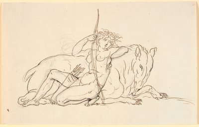Figura femenina con flechas y carcaj, sentada apoyada contra un animal fantástico (posiblemente un oso hormiguero). Alegoría de América de Nicolai Abildgaard