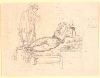 Lesbia y Catulo. Lesbia acostada, sosteniendo un pájaro en la mano izquierda. Catulo está detrás de Nicolai Abildgaard