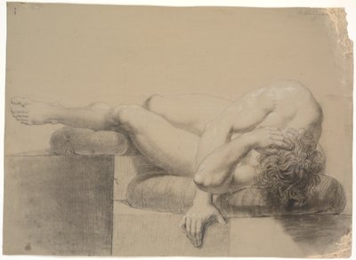 Modelo acostada. Hacia la izquierda. Cabeza y torso descansando sobre una almohada, piernas levantadas y la pierna izquierda descansando sobre otra almohada de Nicolai Abildgaard