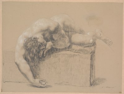 Modelo acostada en un pedestal con almohada. A la derecha. Brazo derecho colgando fuera del pedestal. Brazo izquierdo bajo la cabeza. Cabello largo colgando de Nicolai Abildgaard