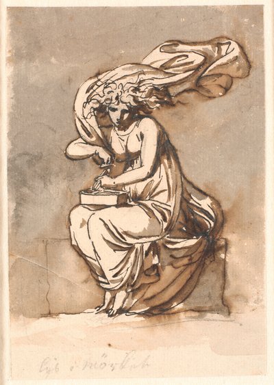 Luz en la oscuridad. Mujer sentada con vestimenta antigua, sosteniendo herramientas de encendido en su regazo de Nicolai Abildgaard