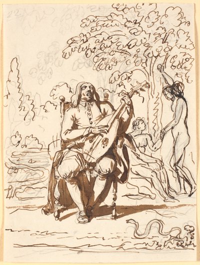 Milton, sentado con un laúd, visto de frente, en el fondo la caída del hombre de Nicolai Abildgaard