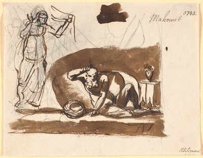 Muhamed, sentado entre almohadas, a la izquierda una figura femenina de Nicolai Abildgaard