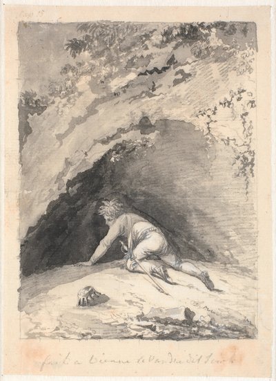 Niels Klim arrastrándose en la cueva de Nicolai Abildgaard