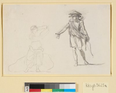 Escena entre dos figuras. A la izquierda una mujer sentada con el torso desnudo, a la derecha un hombre caminando con arco y carcaj de Nicolai Abildgaard