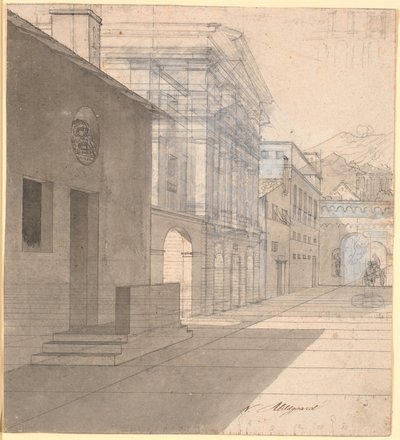 Estudio perspectivo para la arquitectura en la imagen de la partera que deja la casa de Androspigen de Nicolai Abildgaard