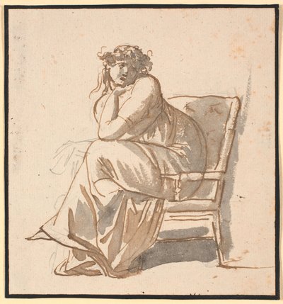 Retrato de la segunda esposa del artista Juliane Marie Abildgaard, nacida Ottesen, embarazada, sentada en un sillón con la barbilla apoyada en la mano y el codo en la rodilla de Nicolai Abildgaard