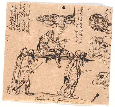 El triunfo de la justicia. Cuatro hombres armados llevan una camilla, con una figura extendida y una sentada de Nicolai Abildgaard