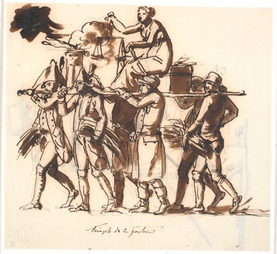 El triunfo de la justicia. Seis hombres llevan una camilla, sobre la cual la figura femenina de la justicia se sienta con la balanza de Nicolai Abildgaard