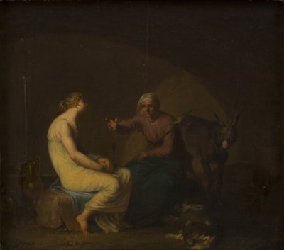 El ama de llaves de la banda de ladrones consuela a la joven contando el mito de Amor y Psique. Motivo de Apuleyo: El asno de oro de Nicolai Abildgaard