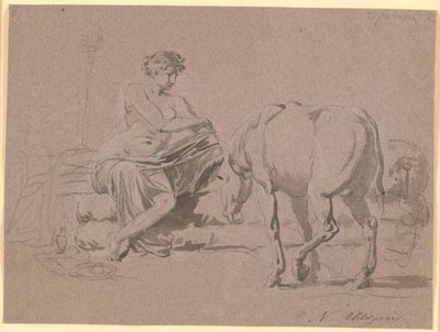 Escena de "El asno de oro" de Apuleyo, libro 10. La joven se desnuda, a la derecha está el asno de Nicolai Abildgaard