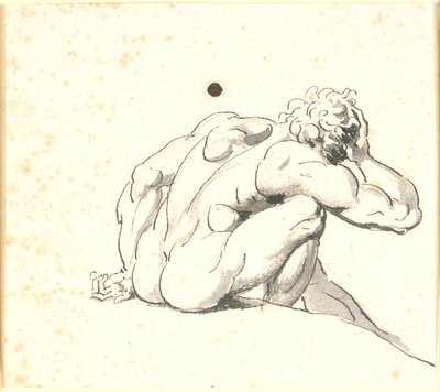 Hombre sentado inclinado hacia adelante, visto desde atrás con la mano derecha en la cabeza de Nicolai Abildgaard