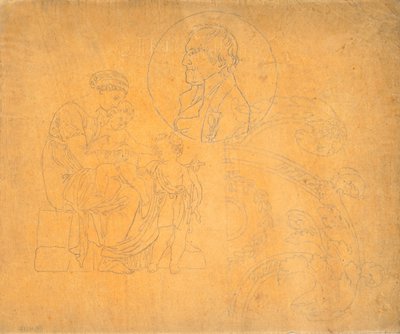 Mujer sentada con dos niños y retrato de perfil en composición circular de Nicolai Abildgaard