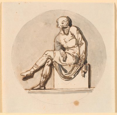 Figura enmascarada sentada, enmarcada en círculo. Boceto para decoración en la casa de té en el parque de Sorgenfri de Nicolai Abildgaard