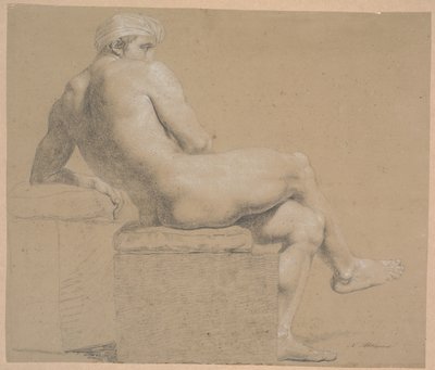 Modelo sentada con pañuelo en la cabeza. Sentada en un pedestal con almohada. Mirando a la derecha. Reclinado contra un pedestal más alto, donde descansa el brazo izquierdo. Piernas cruzadas de Nicolai Abildgaard