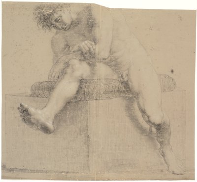 Modelo sentada en un pedestal bajo con almohada. Brazos cruzados. Pierna izquierda doblada, pierna derecha extendida de Nicolai Abildgaard