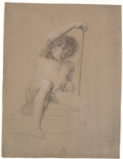 Modelo sentado en un pedestal bajo con cojín. Vista frontal. En la mano izquierda un bastón. Pierna derecha extendida de Nicolai Abildgaard