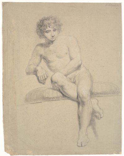 Modelo sentada en un pedestal bajo con cojín. Vista frontal. Piernas cruzadas de Nicolai Abildgaard