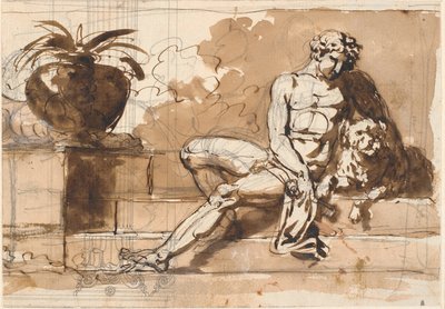 Hombre desnudo sentado con un caniche a la izquierda y una agave de Nicolai Abildgaard