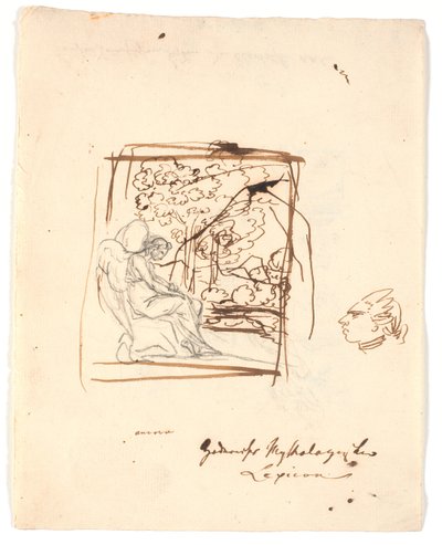 Genio alado sentado, al fondo árboles; en el lado derecho una cabeza caricaturizada de Nicolai Abildgaard