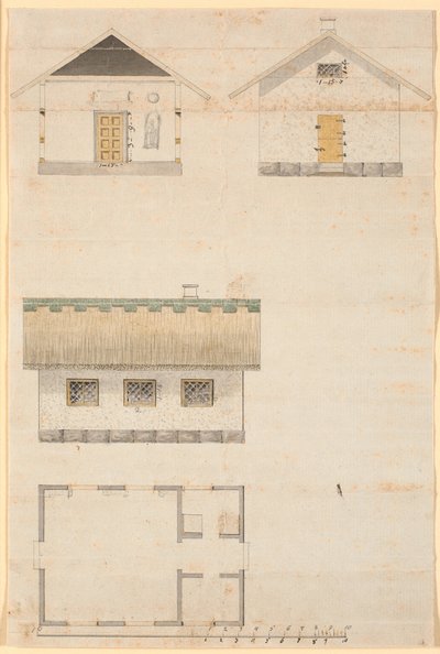Vista y plano de una casa de té en el parque Sorgenfri de Nicolai Abildgaard